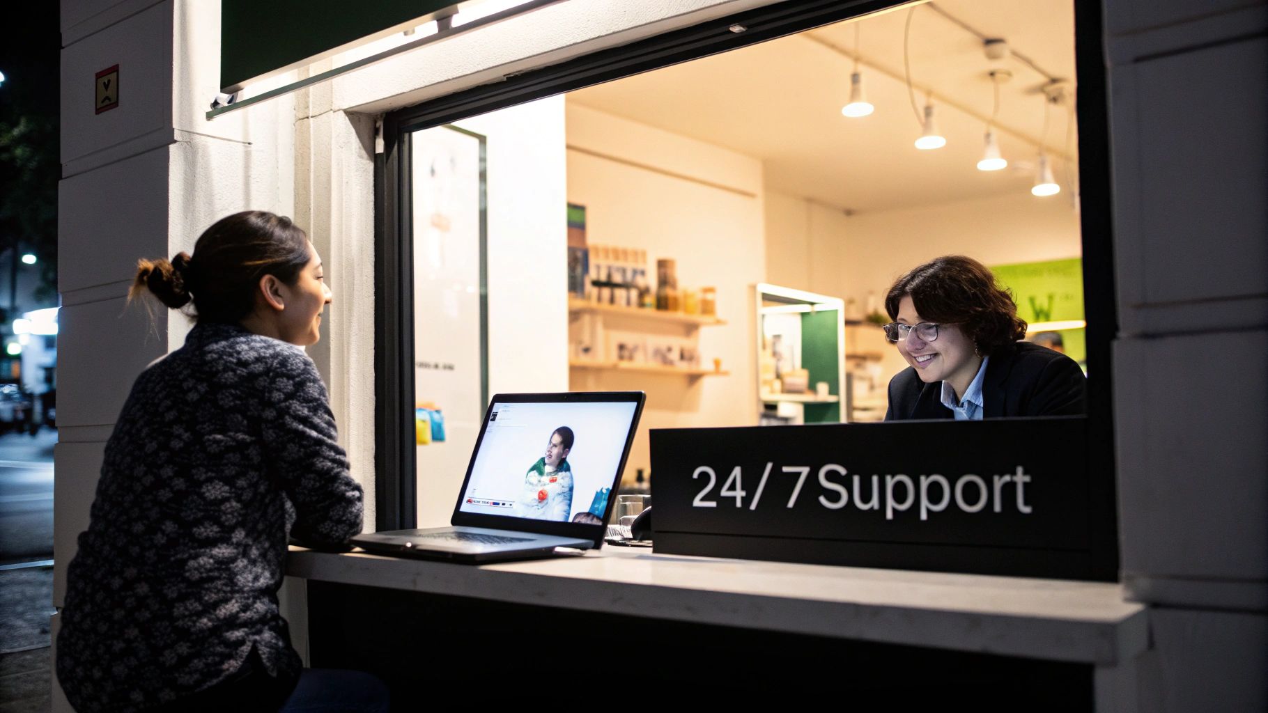 Smiling woman outside interacts with a support agent and laptop display inside a building.