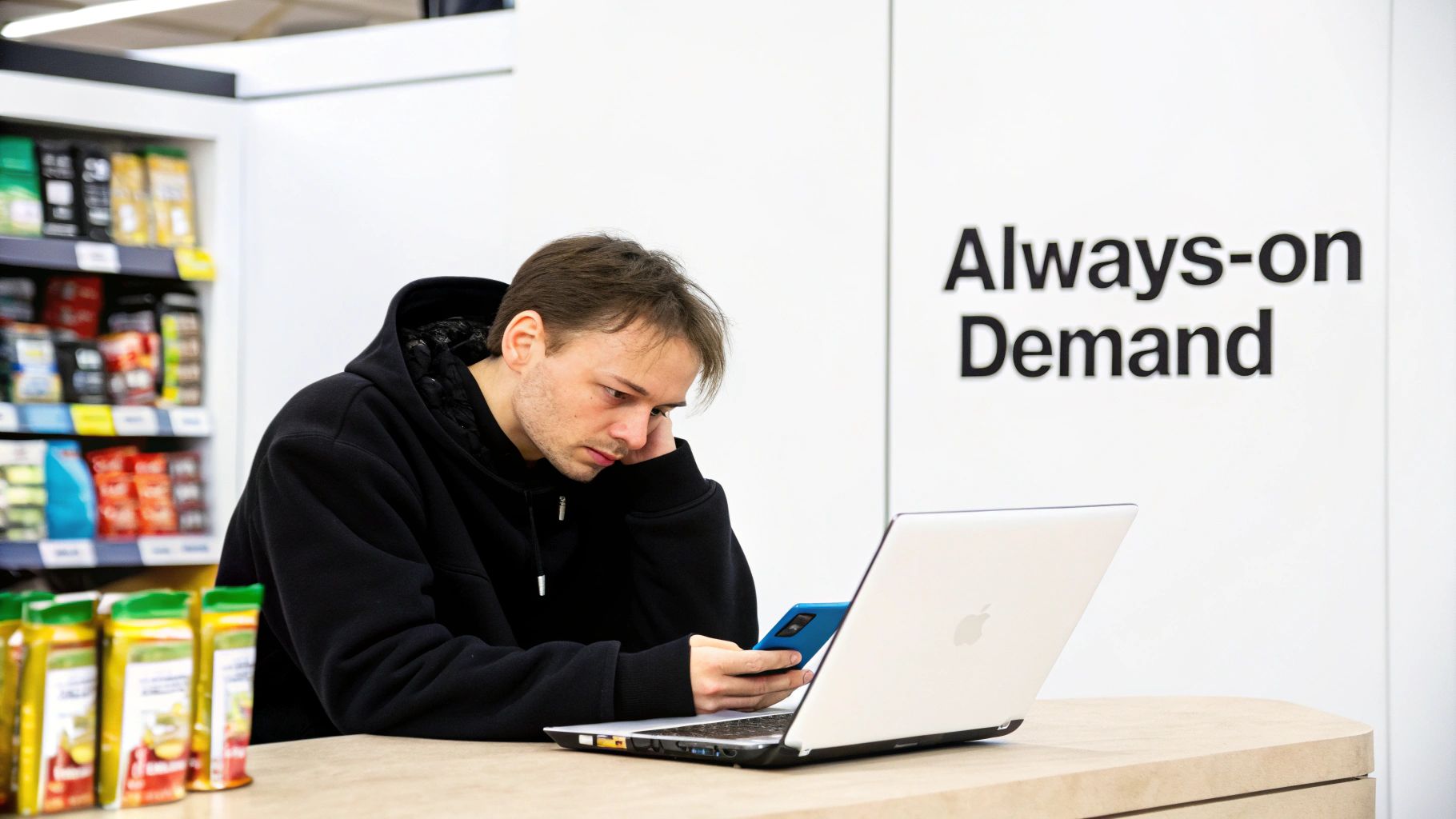 A man looking at his smartphone while a laptop is open, appearing bored, in an 'Always-on Demand' setting.