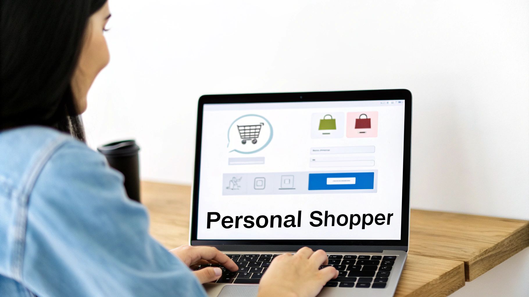 A person types on a laptop showing an e-commerce interface with shopping cart and 'Personal Shopper' text.