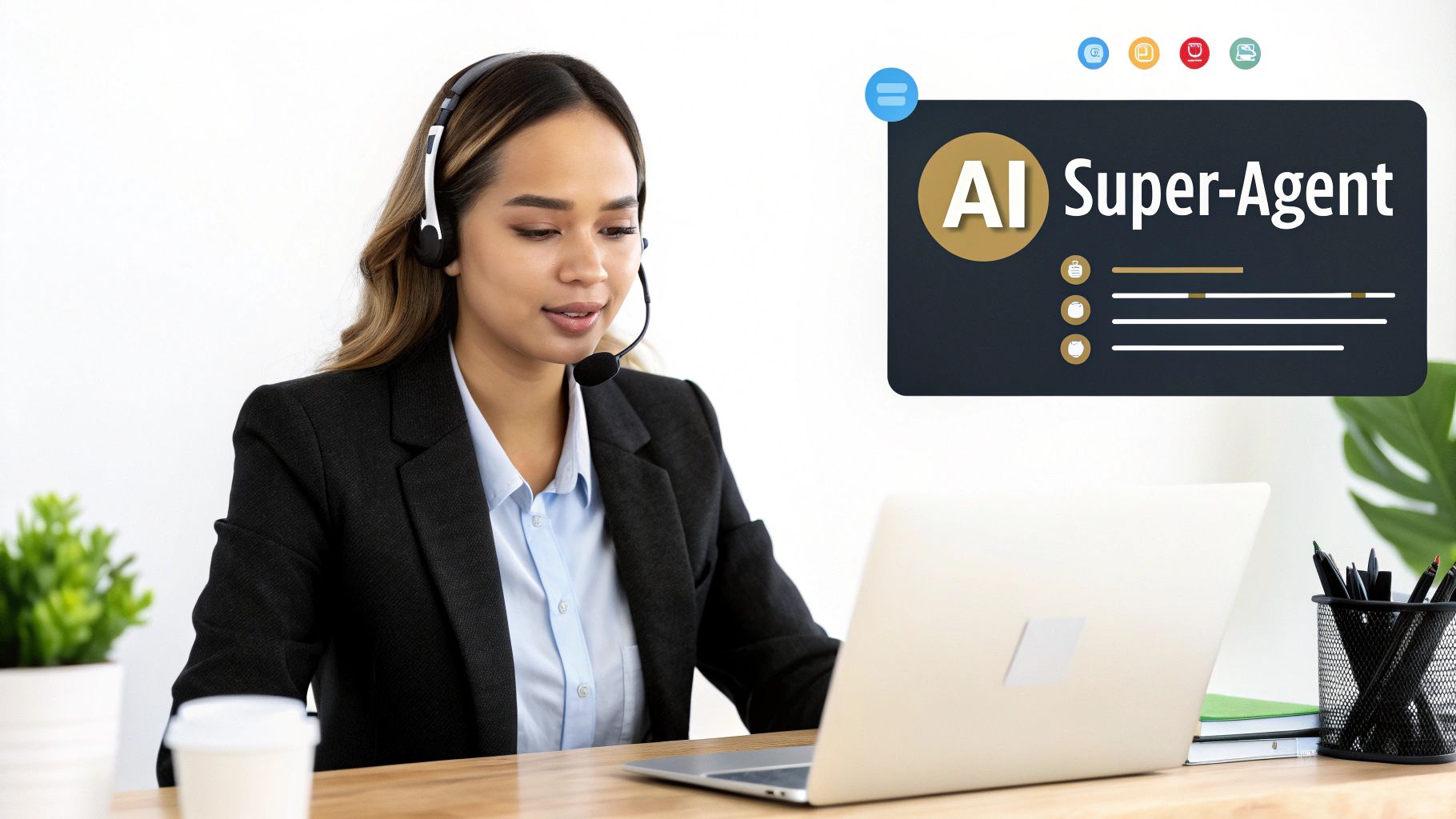 A female customer service agent wearing a headset uses a laptop, augmented by an 'AI Super-Agent' graphic.