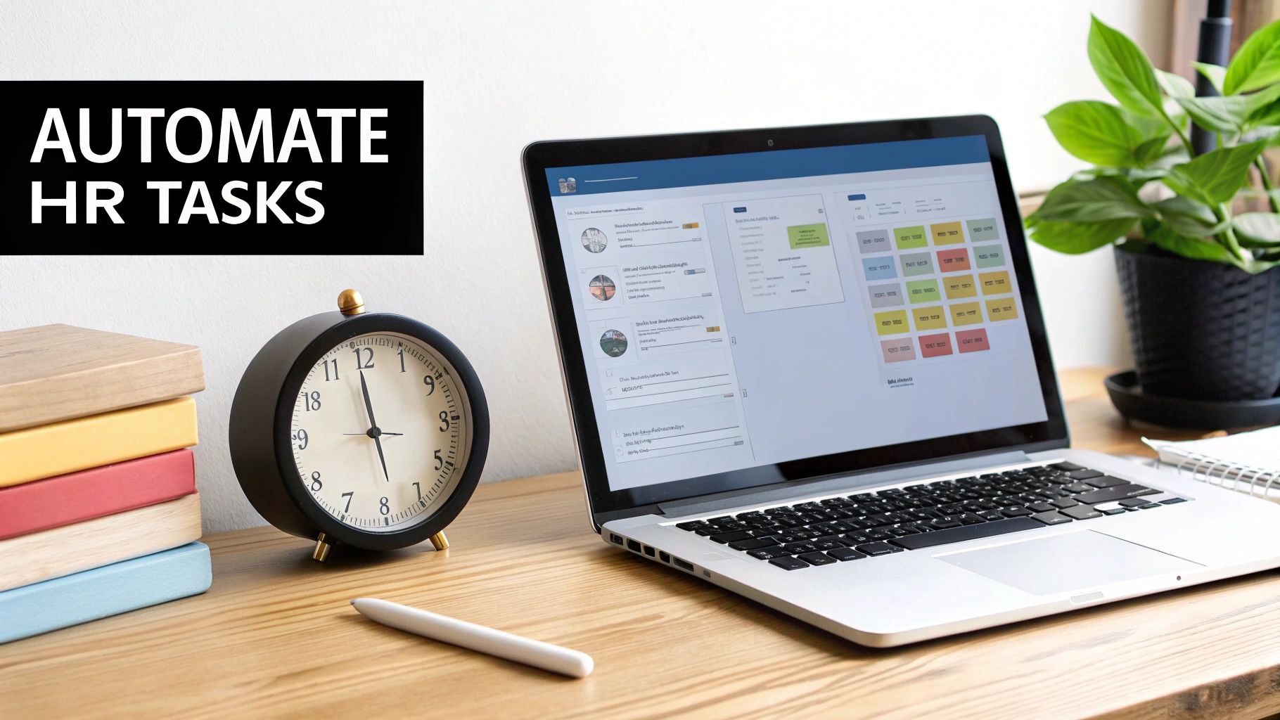 A desk with a laptop showing HR software, an alarm clock, and books. Text: AUTOMATE HR TASKS.