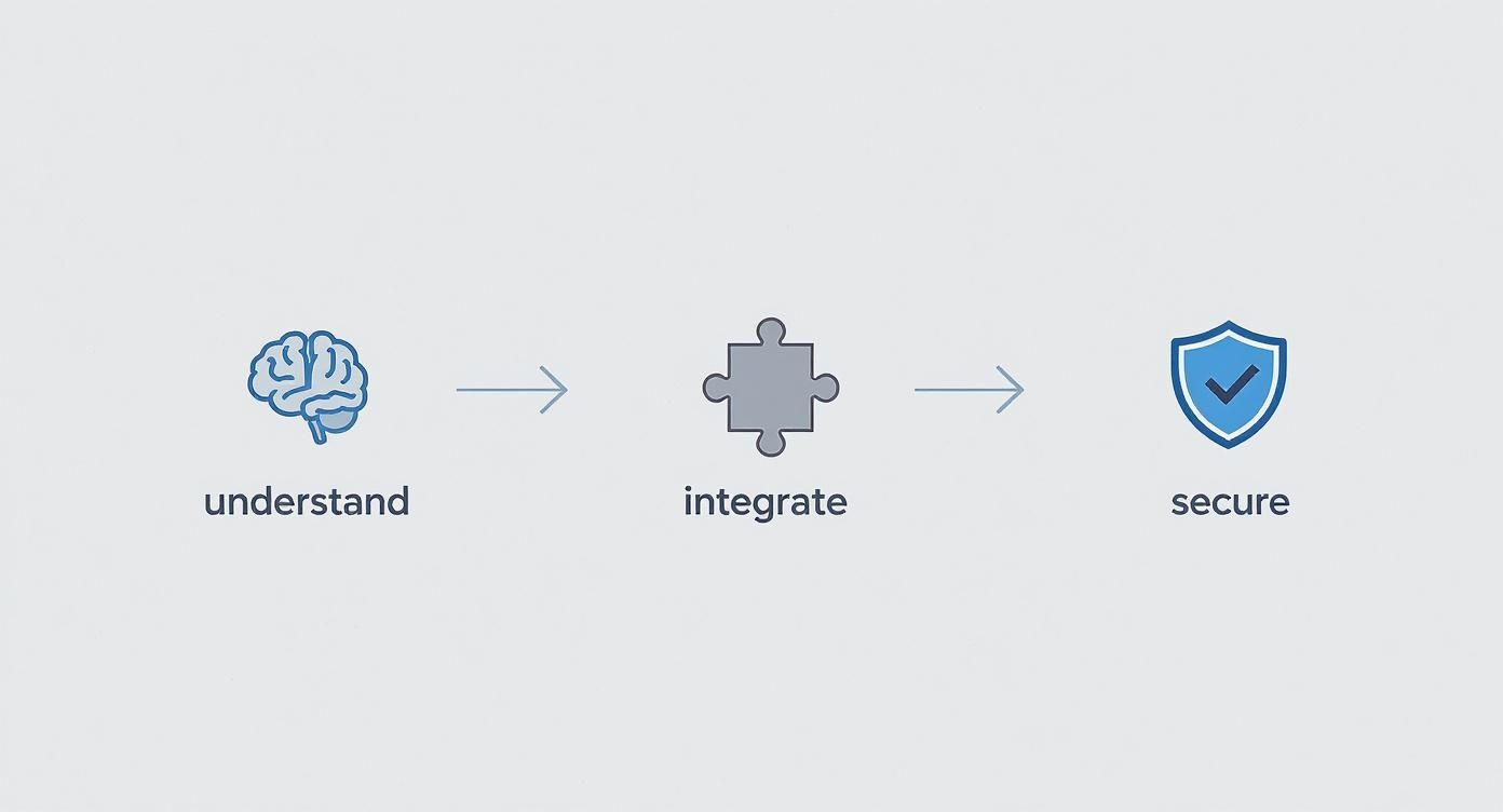A three-step process diagram with icons: understand (brain), integrate (puzzle piece), and secure (shield).