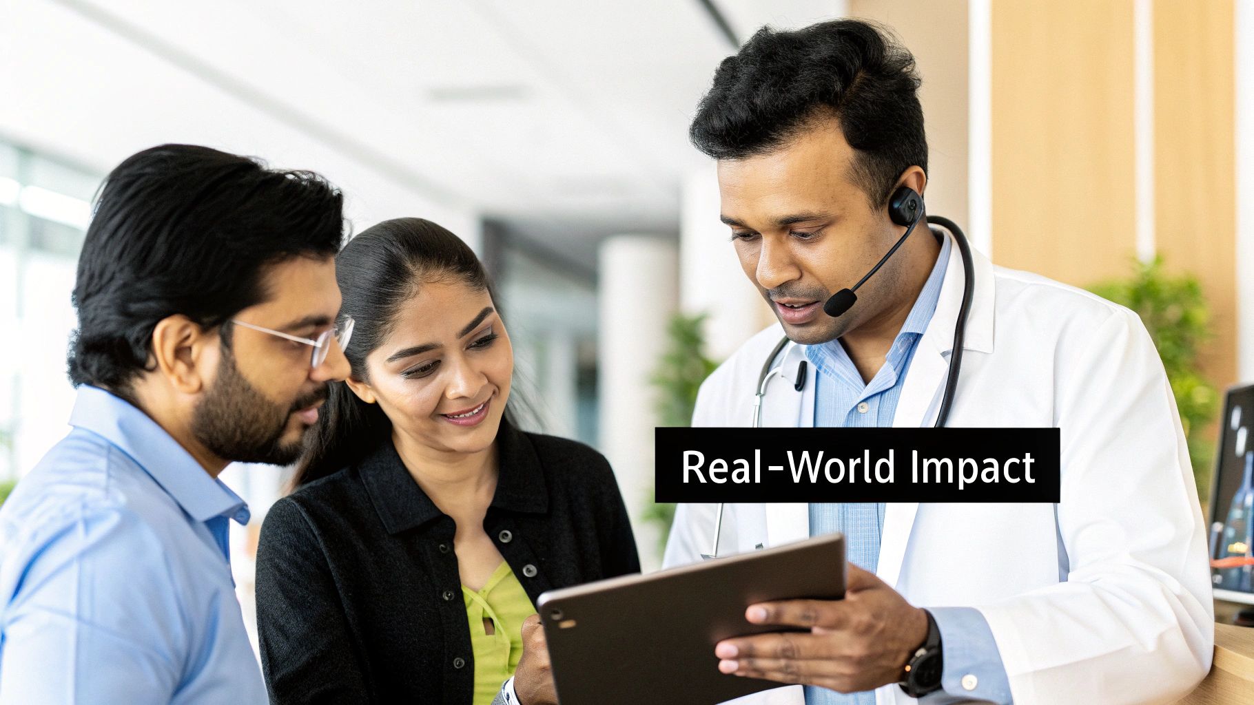 Doctor in lab coat showing tablet to two colleagues during a medical discussion.