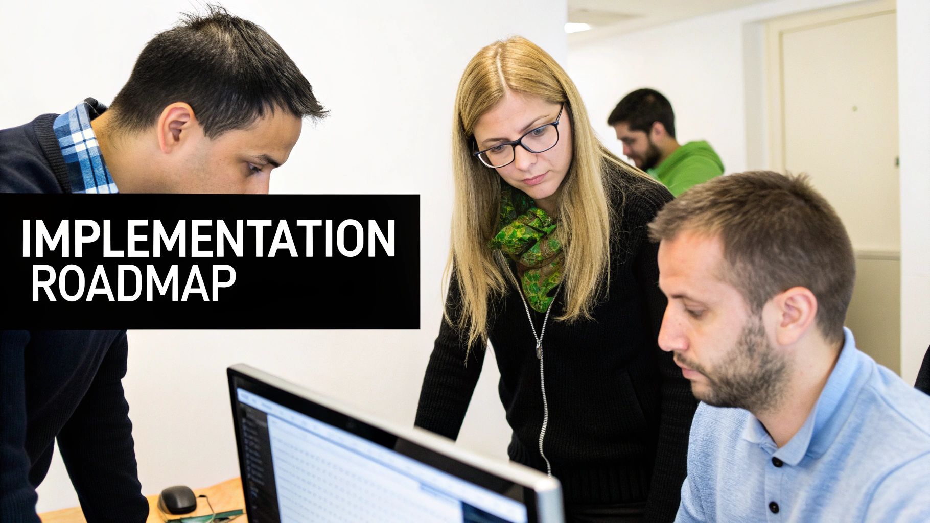 Three professionals collaborating and looking at a computer screen with 'Implementation Roadmap' text.
