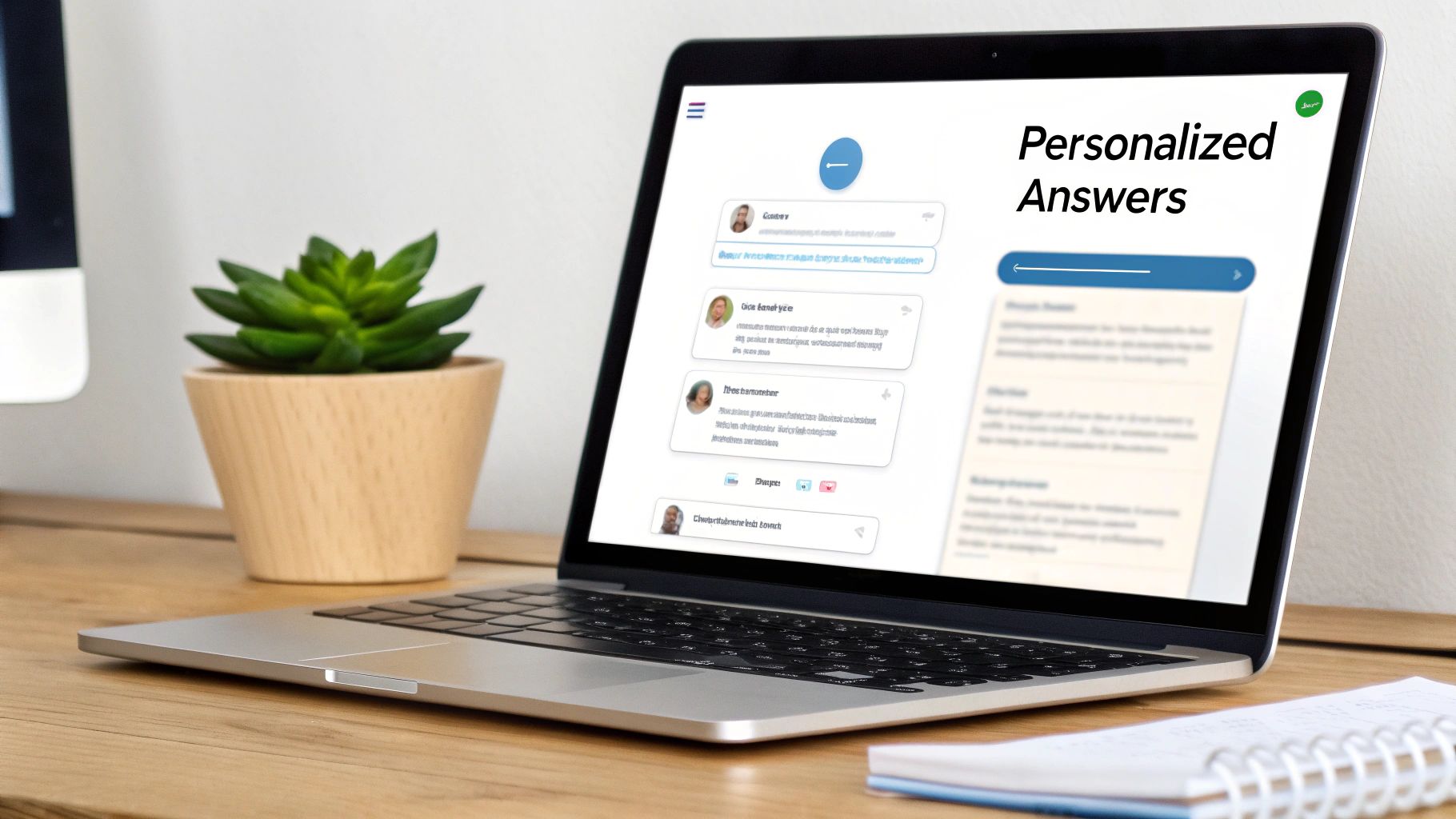 A laptop displays 'Personalized Answers' on screen, showing an AI-powered customer service interface.