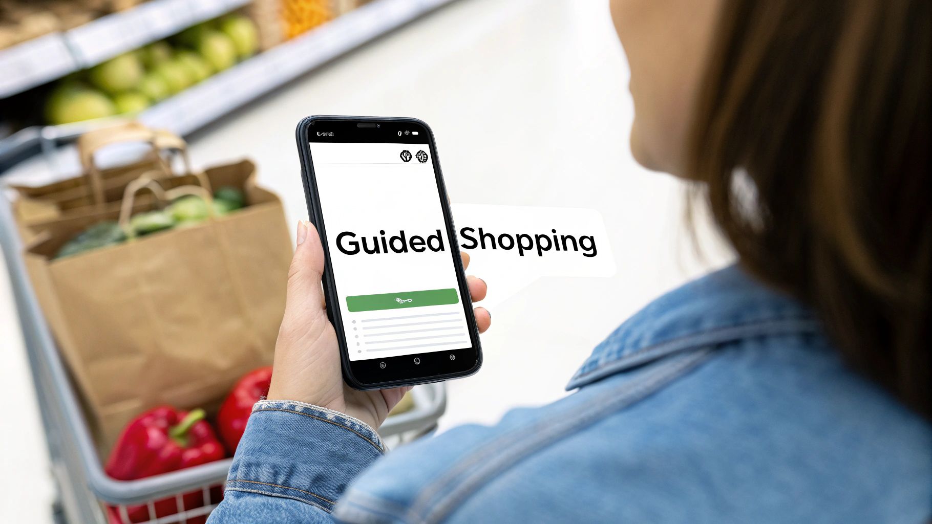 A person holds a smartphone with a 'Guided Shopping' app open while shopping for groceries.