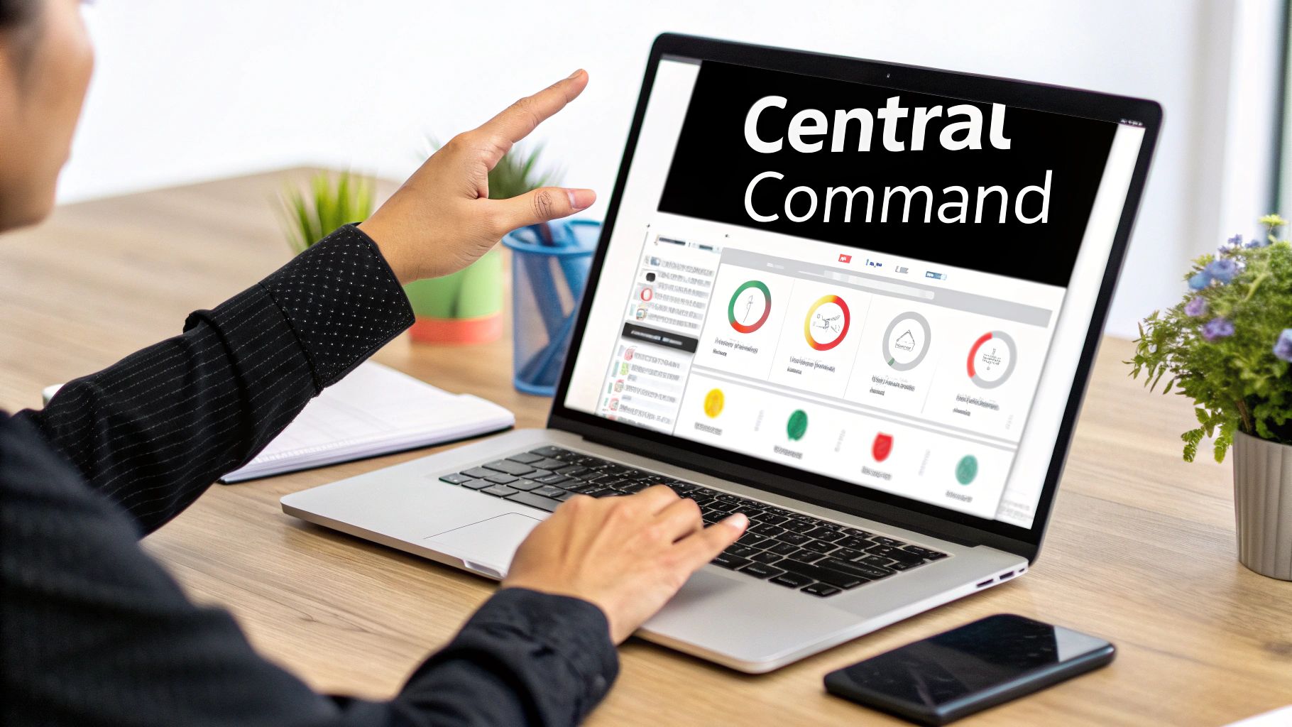 Person using a laptop displaying a 'Central Command' dashboard with various metrics.