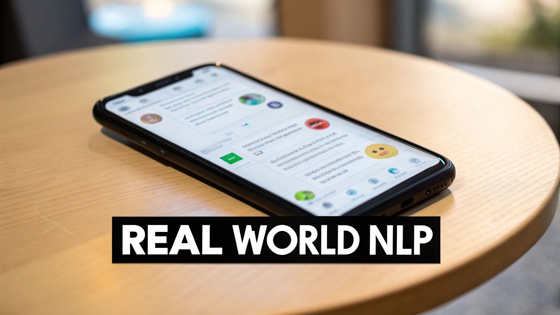 Close-up of a smartphone displaying an app with text and emojis on a wooden table, with 'REAL WORLD NLP' text overlay.