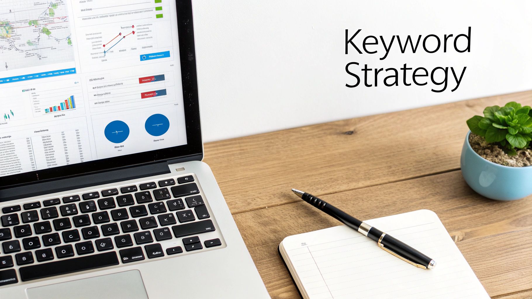 A laptop displays analytics with charts and graphs, next to a pen, notebook, and plant, with 'Keyword Strategy' on the wall.
