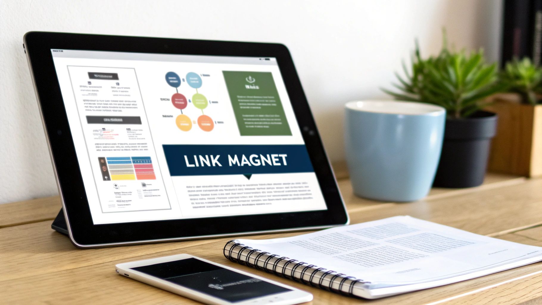 A tablet on a wooden desk displays a 'Link Magnet' presentation, with a smartphone, notebook, and plants nearby.