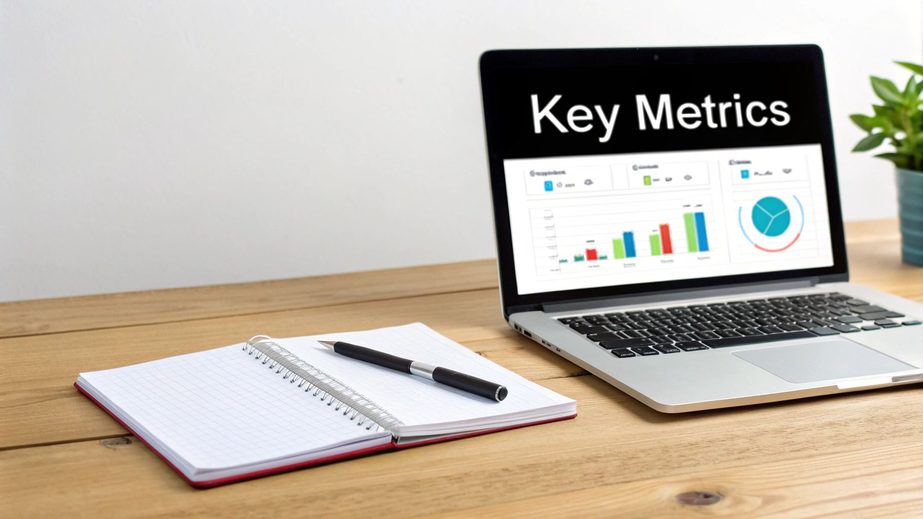 A laptop displaying key metrics and data visualizations on a wooden desk with a notebook and pen.