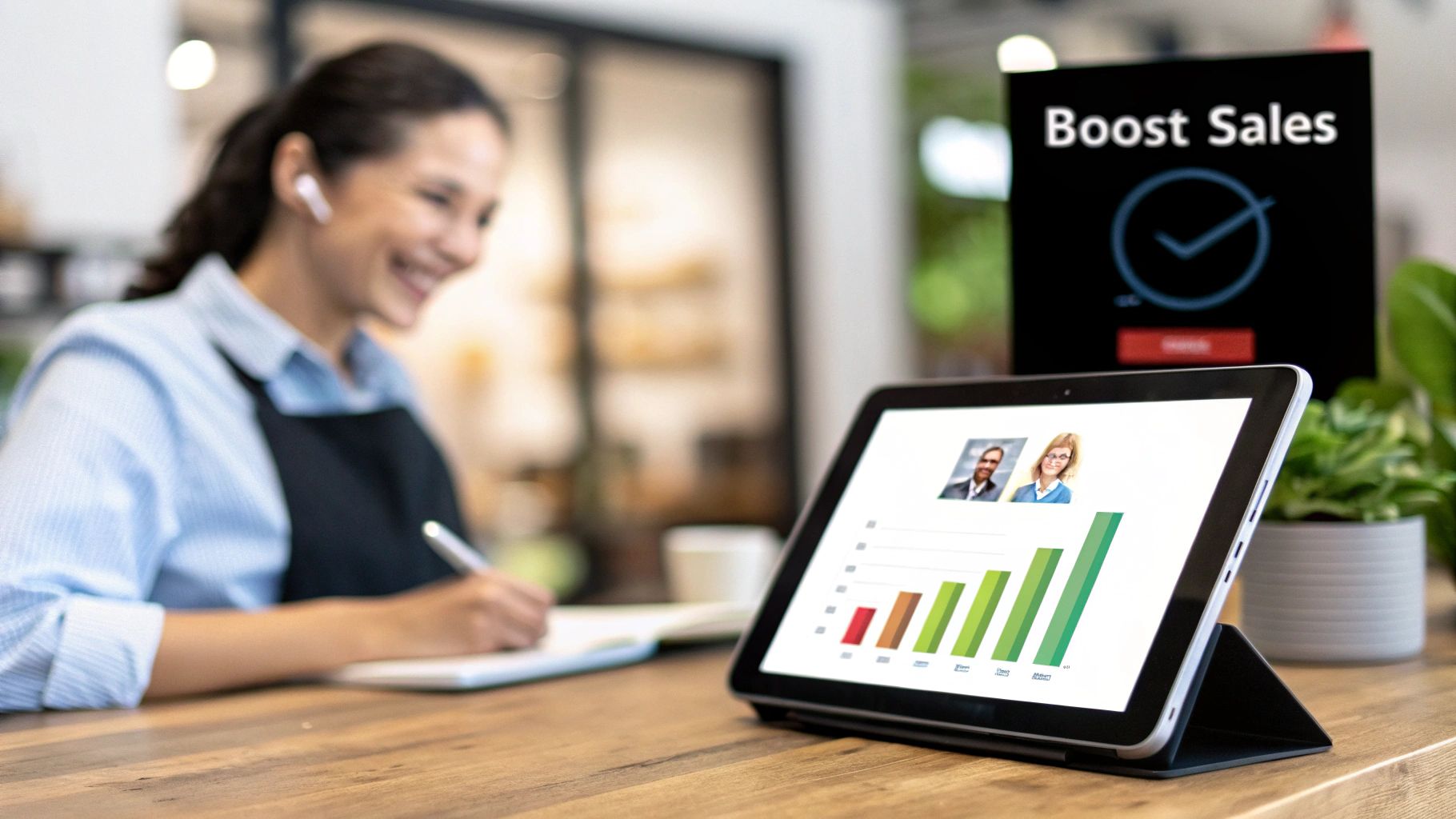 Smiling woman with earbud writing, reviewing sales analytics on a tablet on a wooden counter.