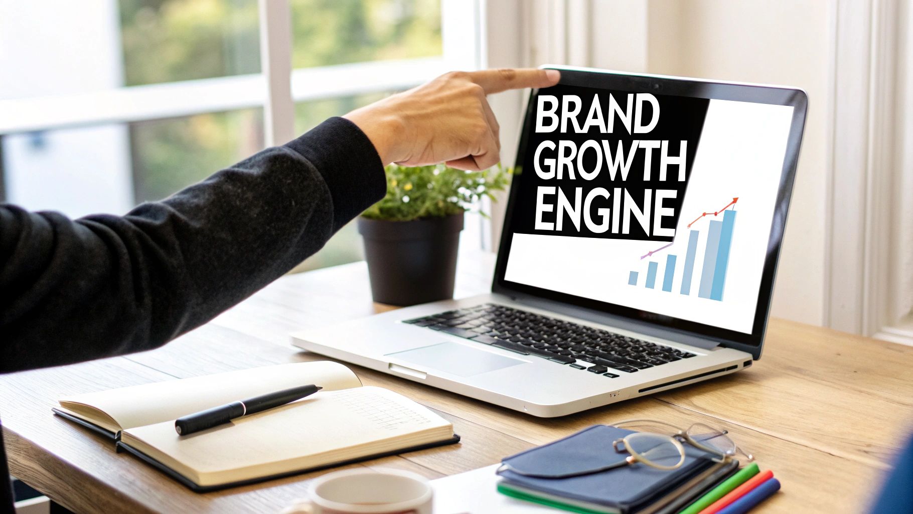 A hand points at a laptop screen showing 'BRAND GROWTH ENGINE' text and a rising bar graph, on a desk with a notebook and plant.
