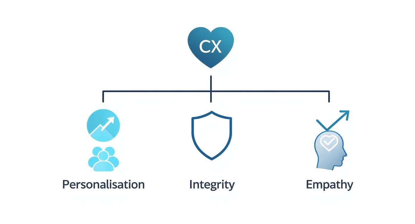 A diagram illustrating Customer Experience (CX) built on personalisation, integrity, and empathy pillars.