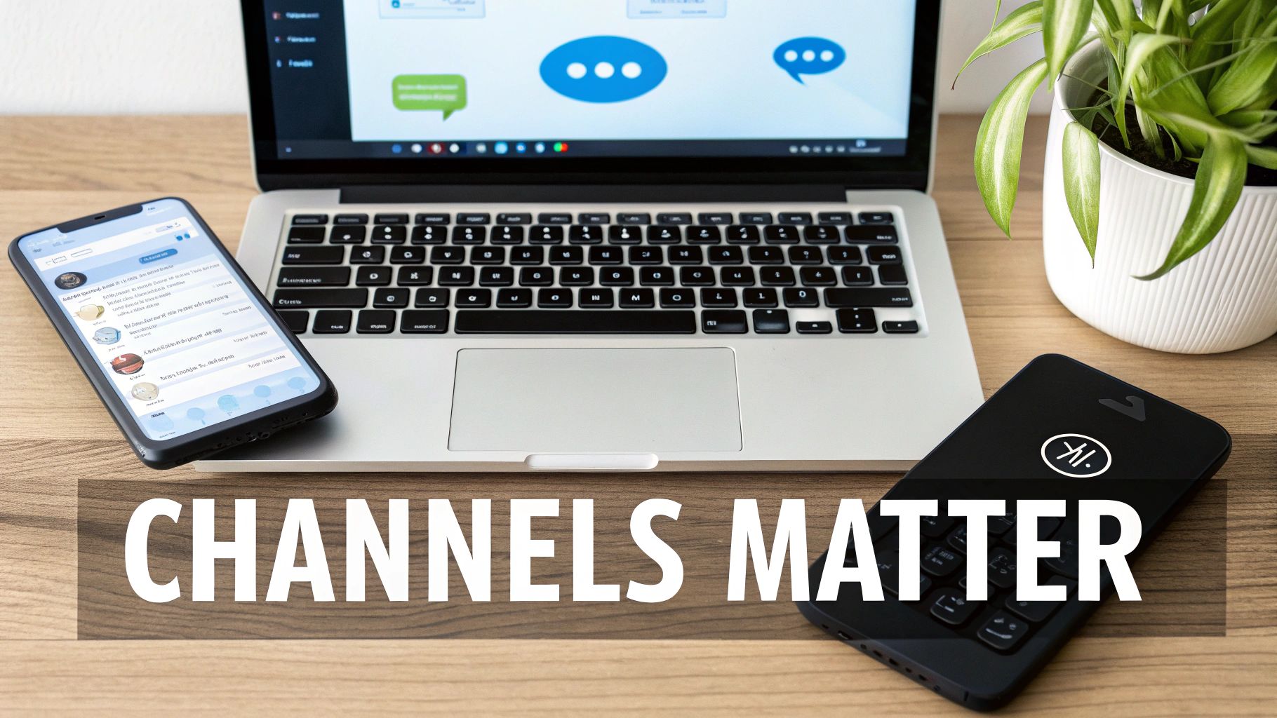 A laptop and two smartphones on a wooden desk, emphasizing diverse communication channels.