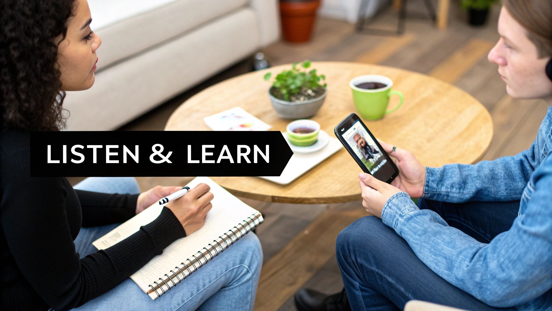 Two people engage in a learning session, one taking notes, the other viewing a phone with 'LISTEN & LEARN' overlay.