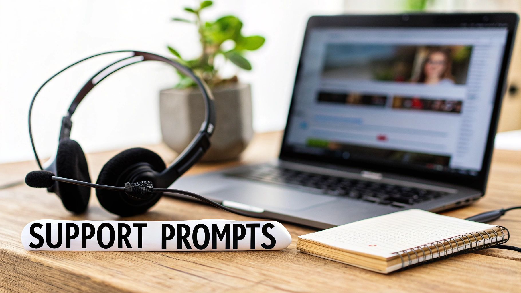 A desk setup with a headset, laptop, and notebook, featuring text 'SUPPORT PROMPTS' for customer assistance.
