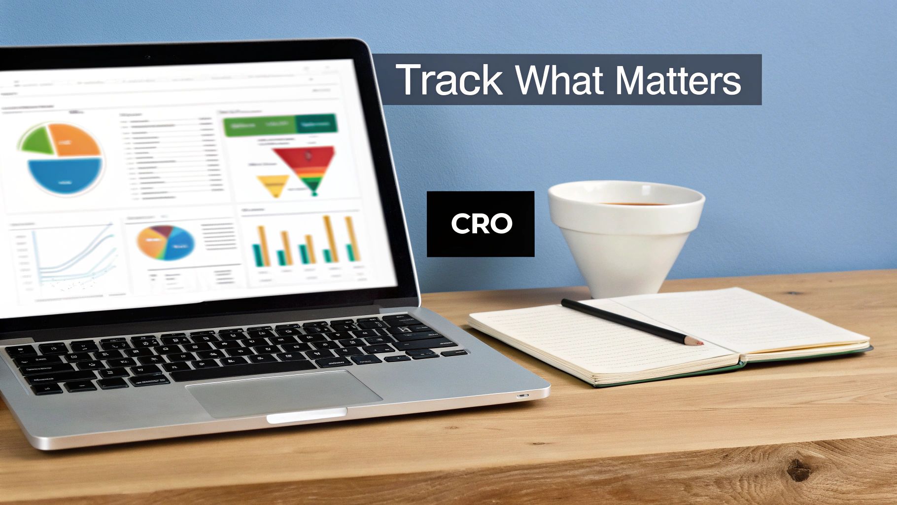 A laptop displays a CRO dashboard with charts and a funnel, next to a mug and notebook on a wooden desk.