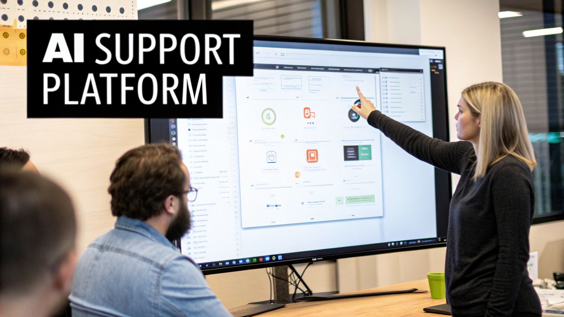 A woman points at a large screen displaying an 'AI Support Platform' dashboard.