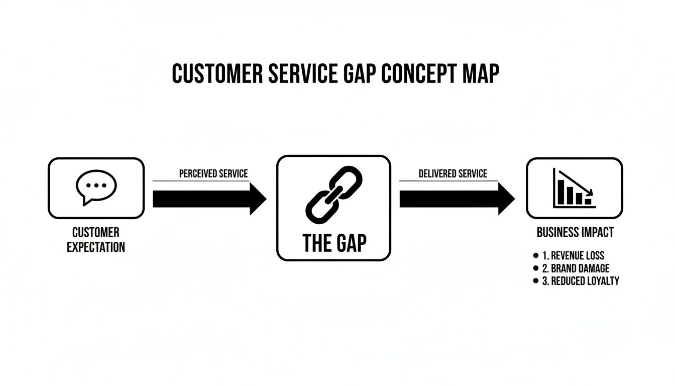 Concept map illustrating the customer service gap between expectation and delivered service, with business impacts.