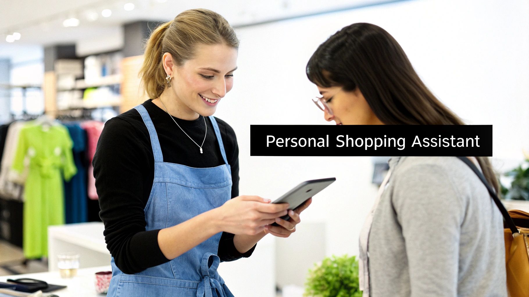 A smiling personal shopping assistant helps a customer in a retail store, looking at a tablet.
