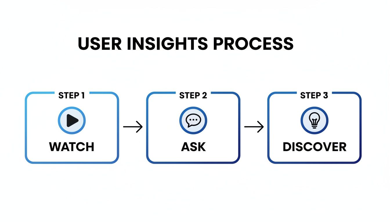 A three-step user insights process with icons: Watch, Ask, and Discover.