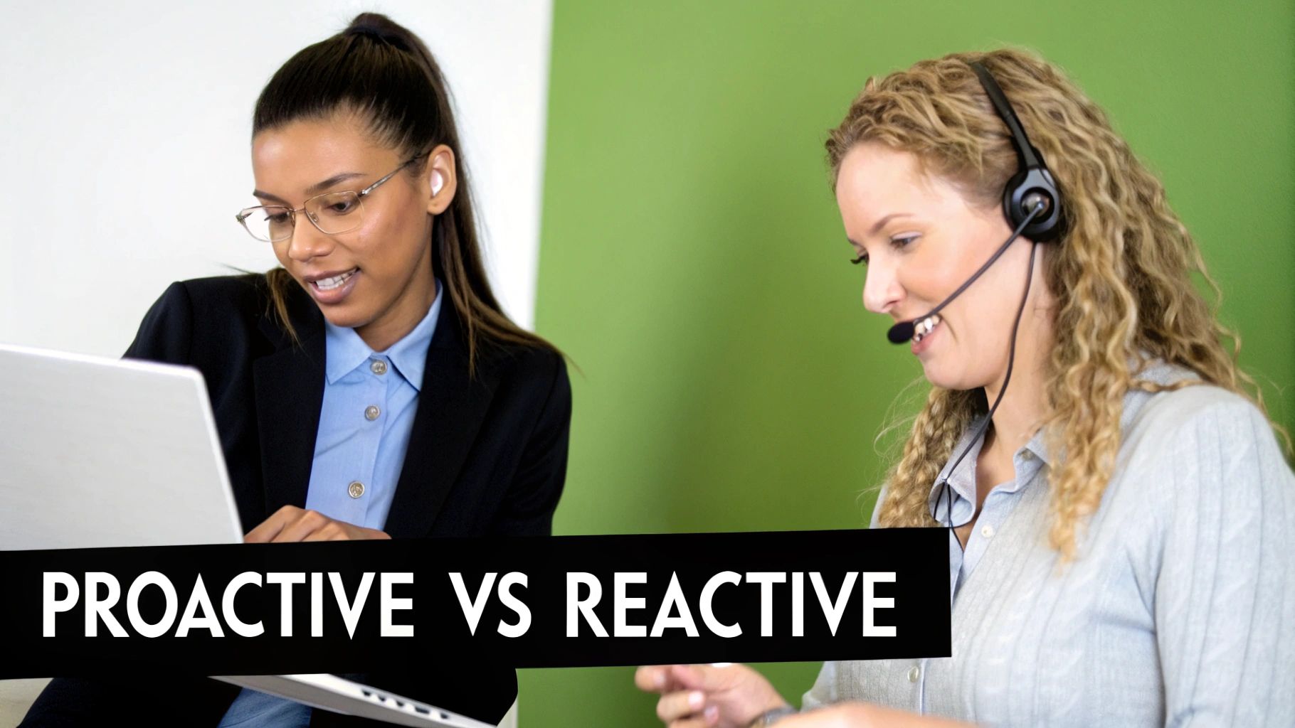 Two businesswomen, one using a laptop and the other a headset, representing proactive and reactive roles.