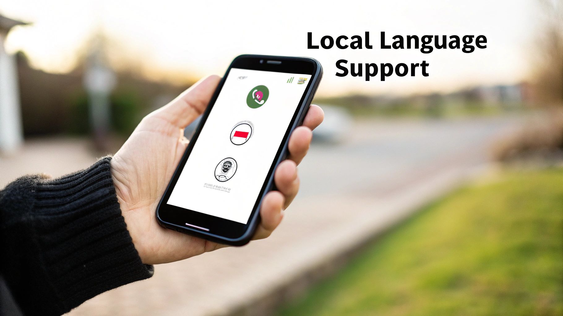A diverse group of people in India using smartphones and laptops to access localised web self-service portals, with text bubbles showing various Indic languages.