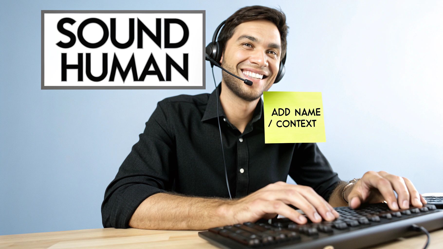 Smiling man in a headset typing on a keyboard, with 