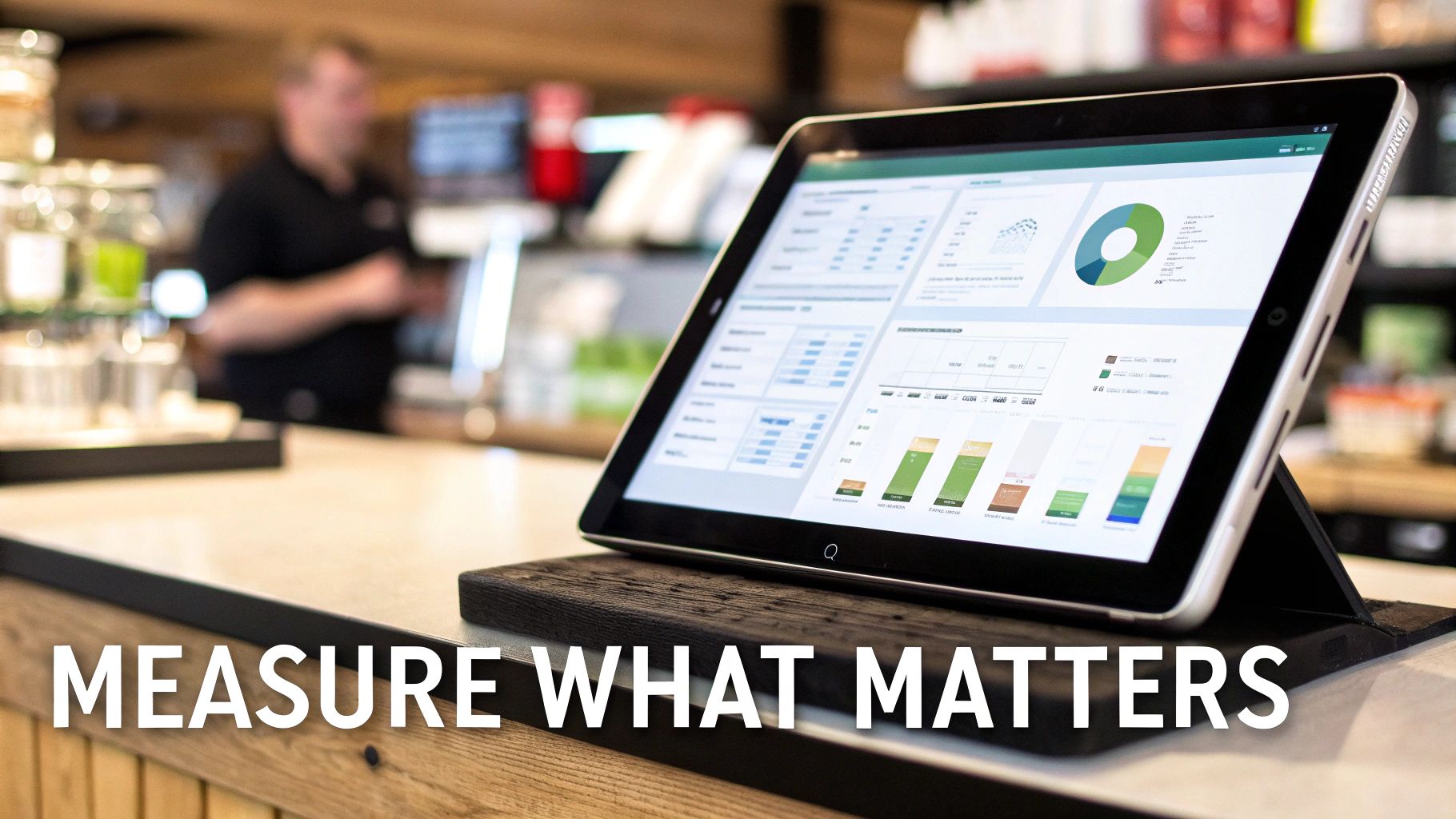Tablet displaying retail sales analytics and performance data on a counter in a store.