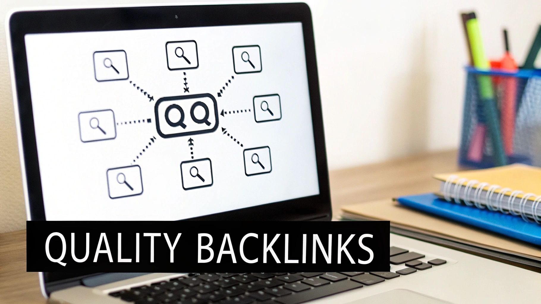 Laptop screen showing a 'QQ' diagram connected to magnifying glasses, with 'QUALITY BACKLINKS' text.