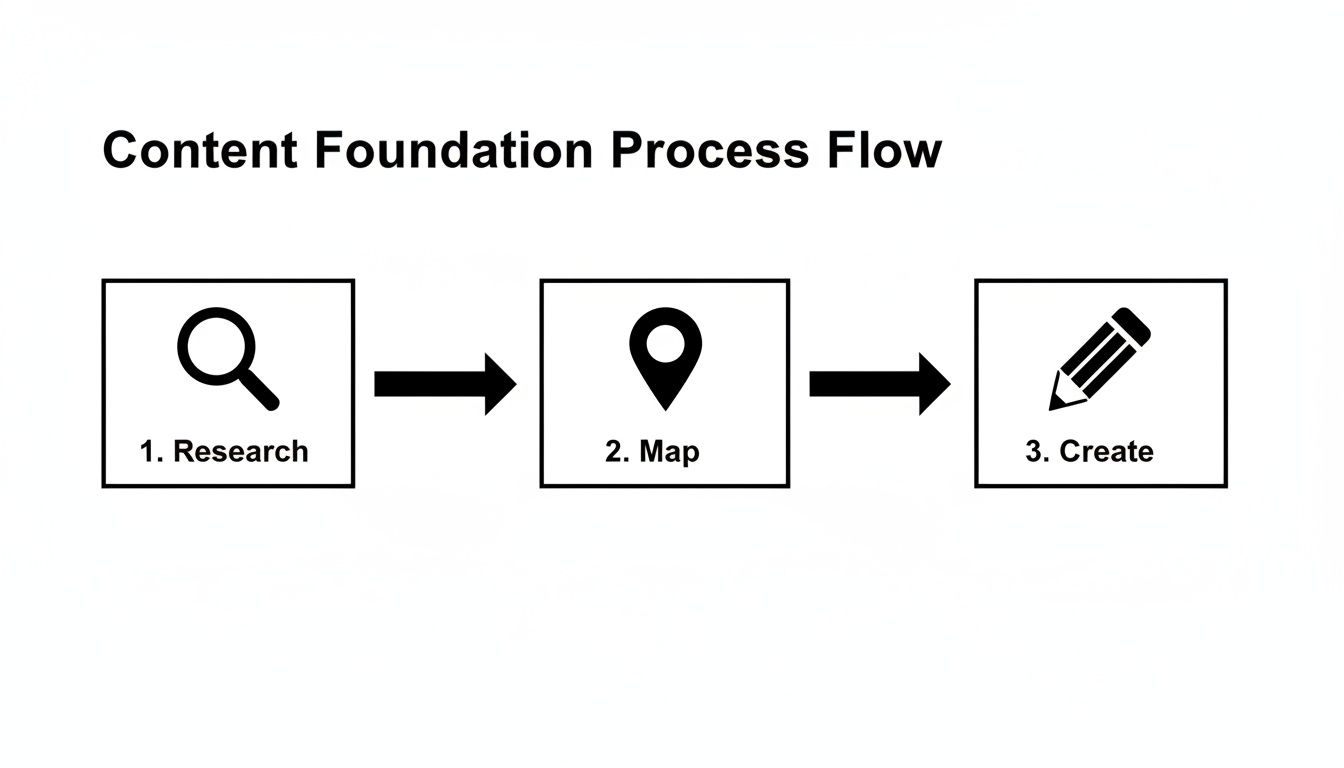 Content foundation process flow diagram showing three steps: 1. Research, 2. Map, and 3. Create.