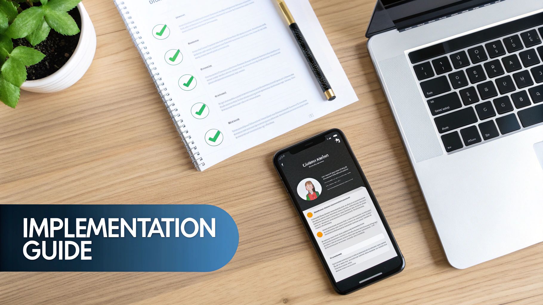 Flat lay of a modern office desk with laptop, smartphone, notebook, and 'IMPLEMENTATION GUIDE' banner.