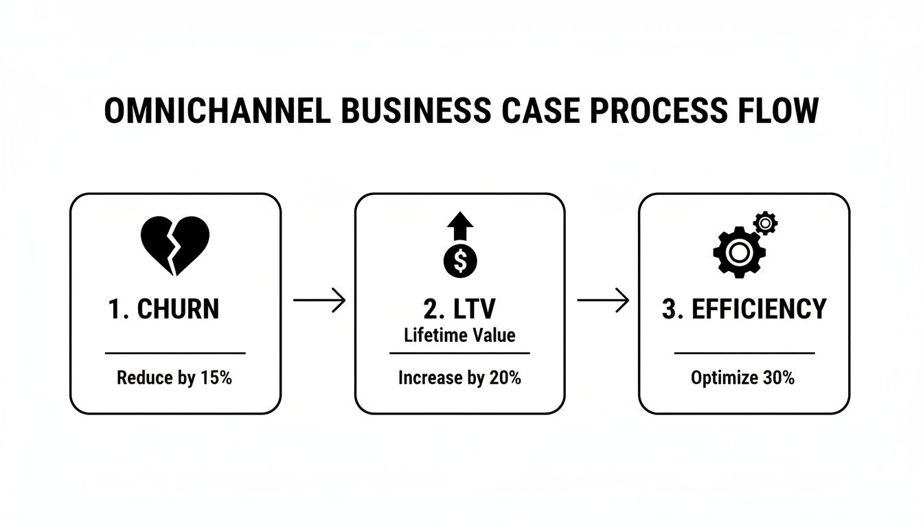 Omnichannel business case process flow illustrating churn reduction, LTV increase, and efficiency optimization targets.