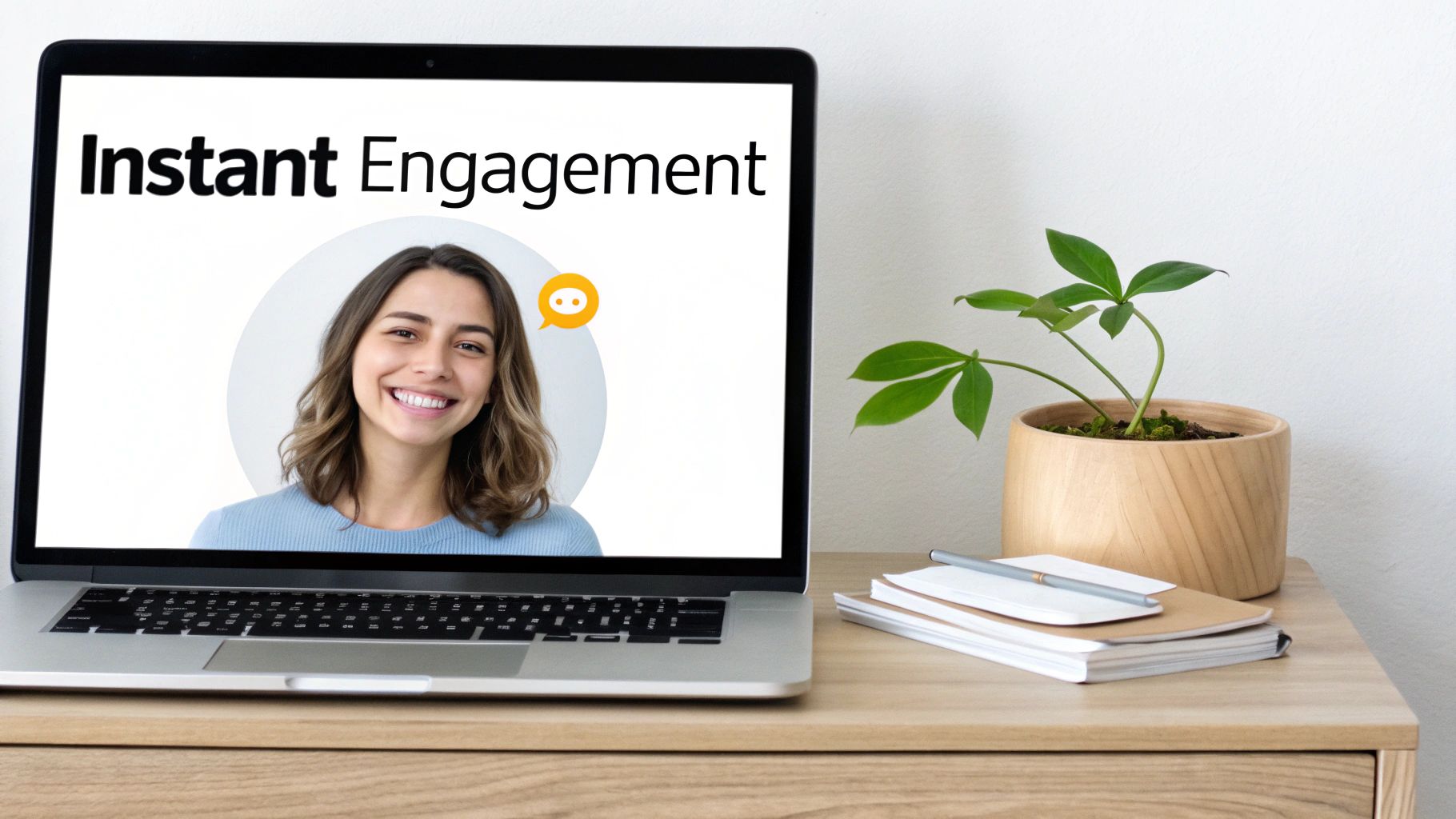 A laptop screen displays 'Instant Engagement' with a smiling woman and a chat icon, next to a potted plant and notebooks.