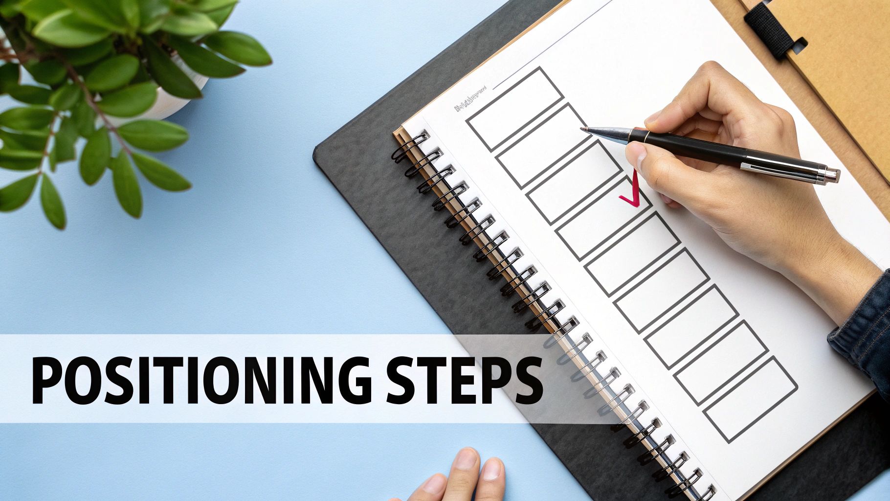 A hand marks a red checkmark on a checklist in a spiral notebook, showing 'POSITIONING STEPS' text.