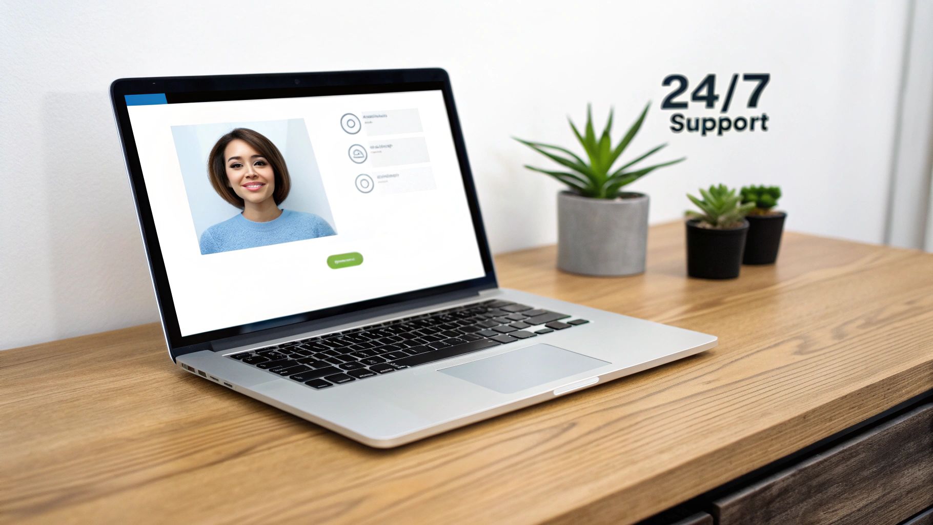 A laptop displaying an AI agent's profile for 24/7 customer support on a wooden desk.