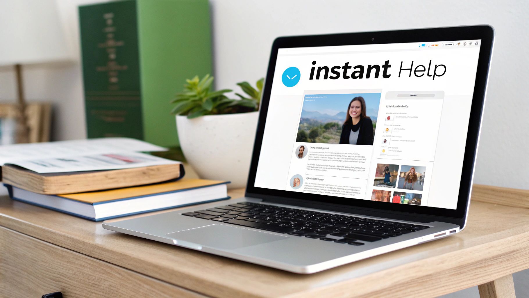 A laptop on a wooden desk displays the 'Instant Help' website with user profiles and content.