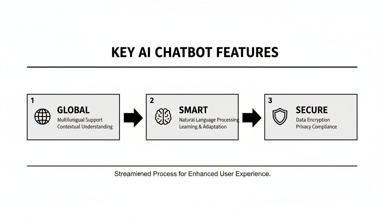 A diagram outlining key AI chatbot features: global, smart, and secure capabilities.