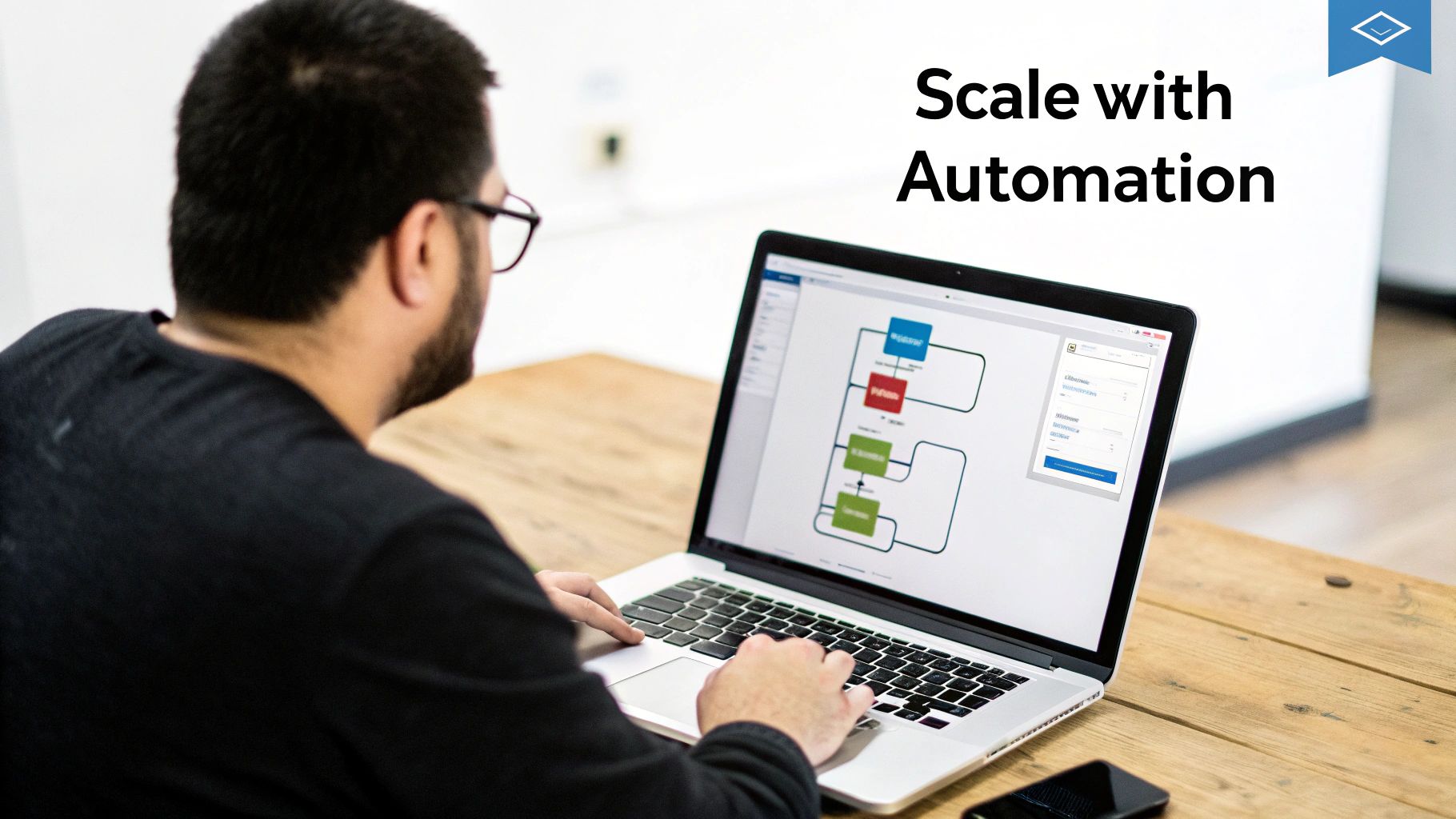 A man with glasses types on a laptop, displaying a process automation flowchart on a wooden desk.