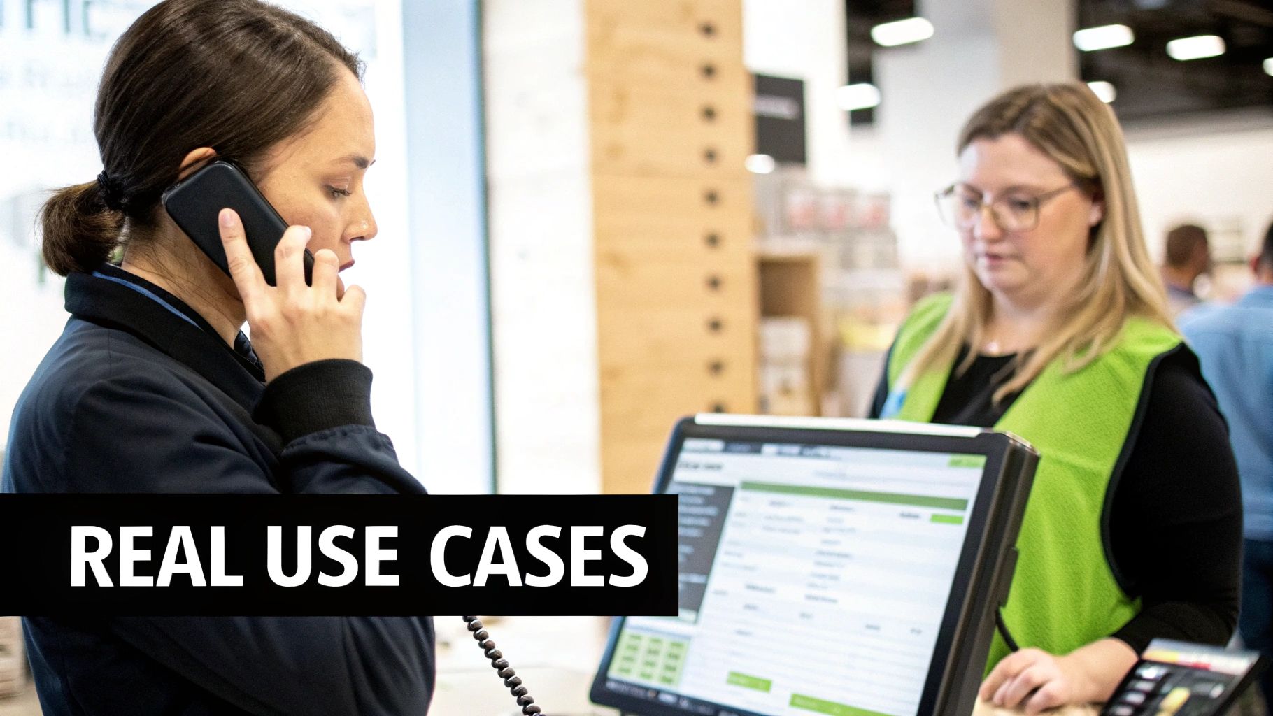 Two employees working in a retail store, one on the phone, the other at a computer terminal.