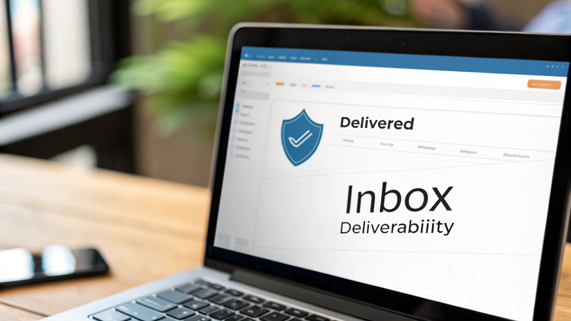 A laptop screen displays an email interface with a 'Delivered' status and 'Inbox Deliverability' text.