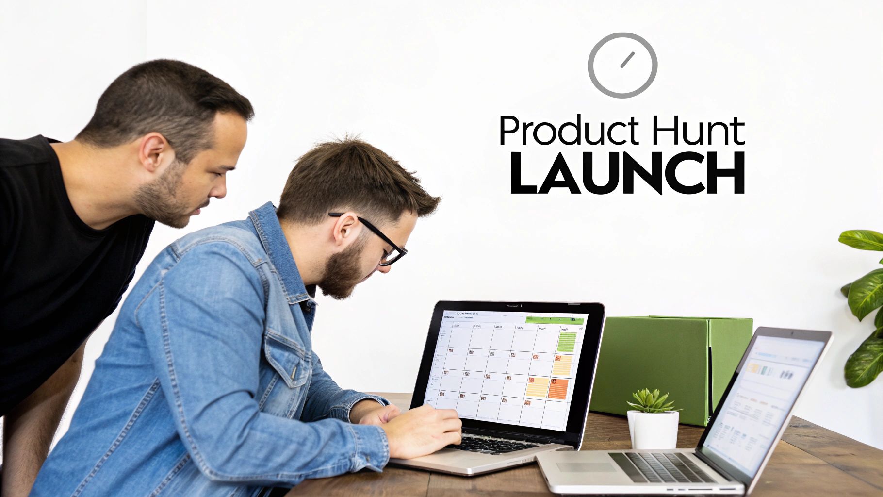 Two men collaborating on a laptop, planning a Product Hunt launch, with a calendar on screen.