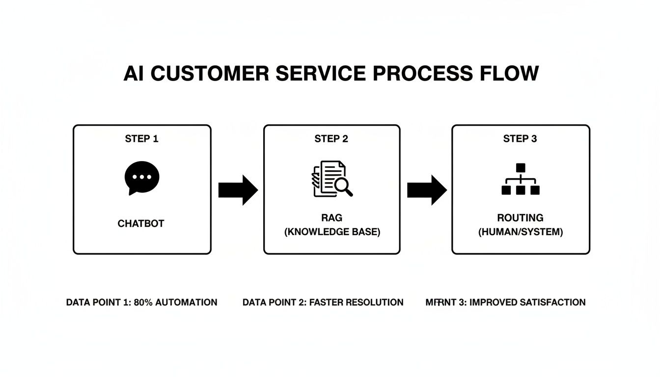 AI customer service process flow: chatbot, RAG knowledge base, routing. Benefits include automation, faster resolution, and improved satisfaction.