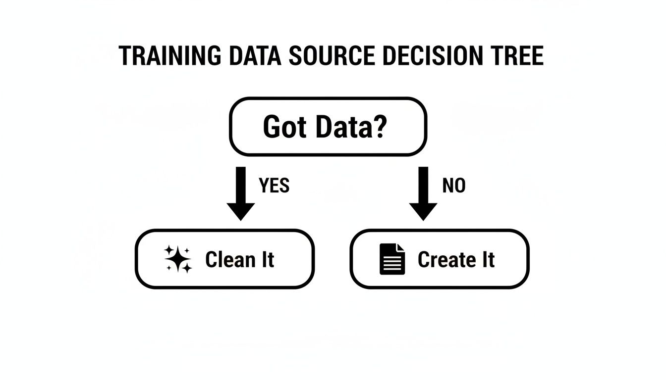 A decision tree flowchart for training data sources: 'Got Data?' leads to 'Clean It' (YES) or 'Create It' (NO).