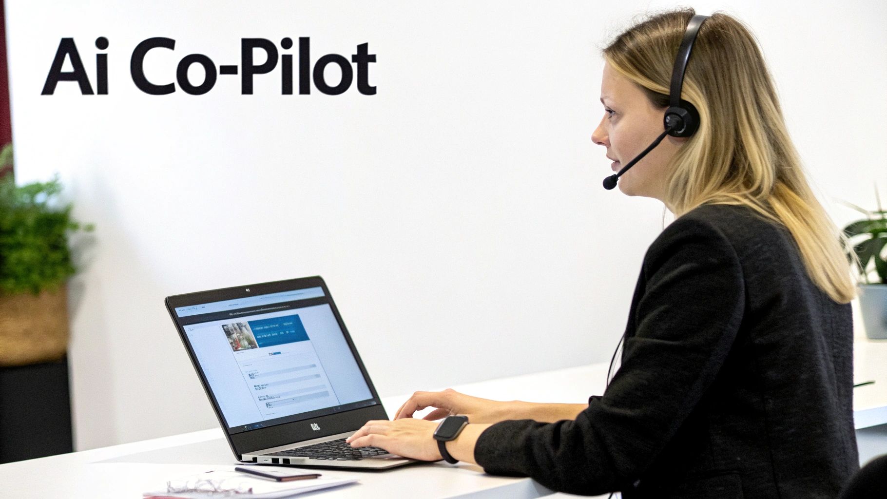 A woman wearing a headset works on a laptop at a desk, with 'Ai Co-Pilot' on the wall.