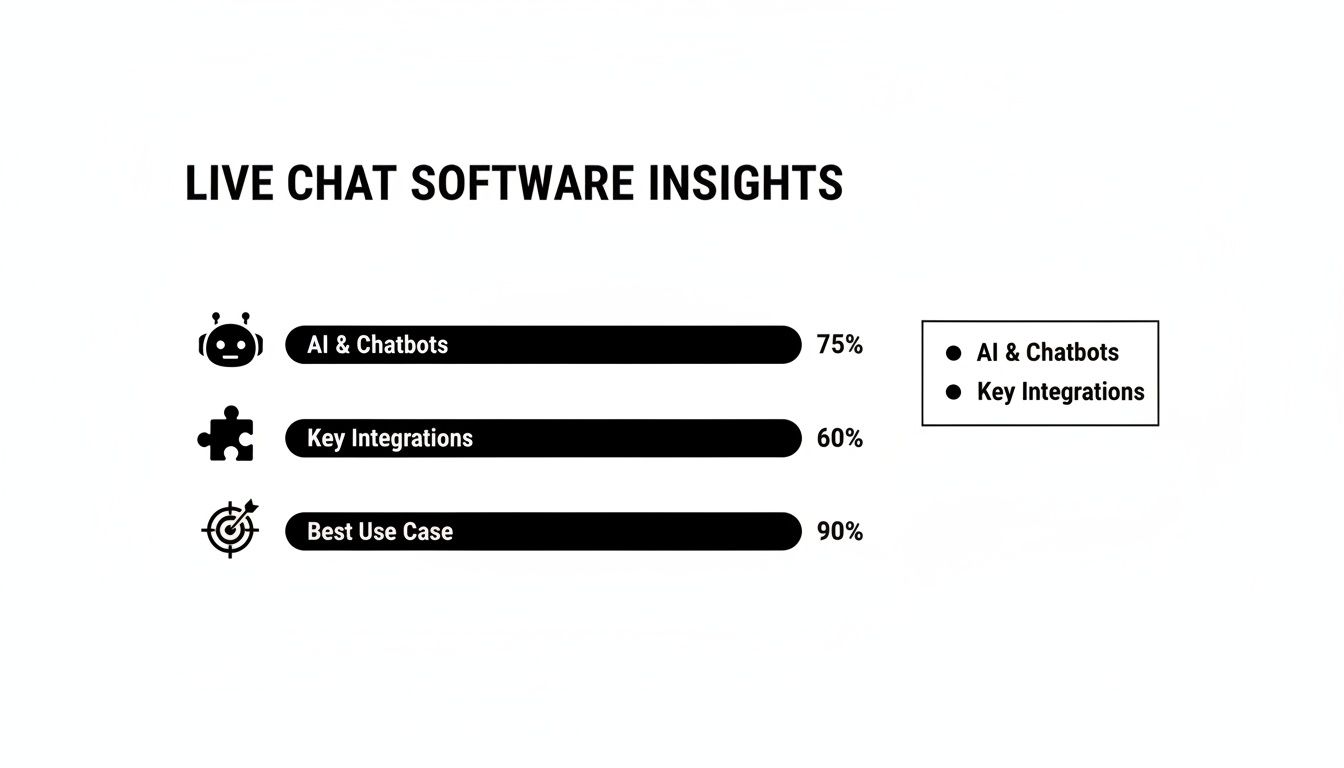 Bar chart displaying live chat software insights for AI & Chatbots, Key Integrations, and Best Use Case percentages.
