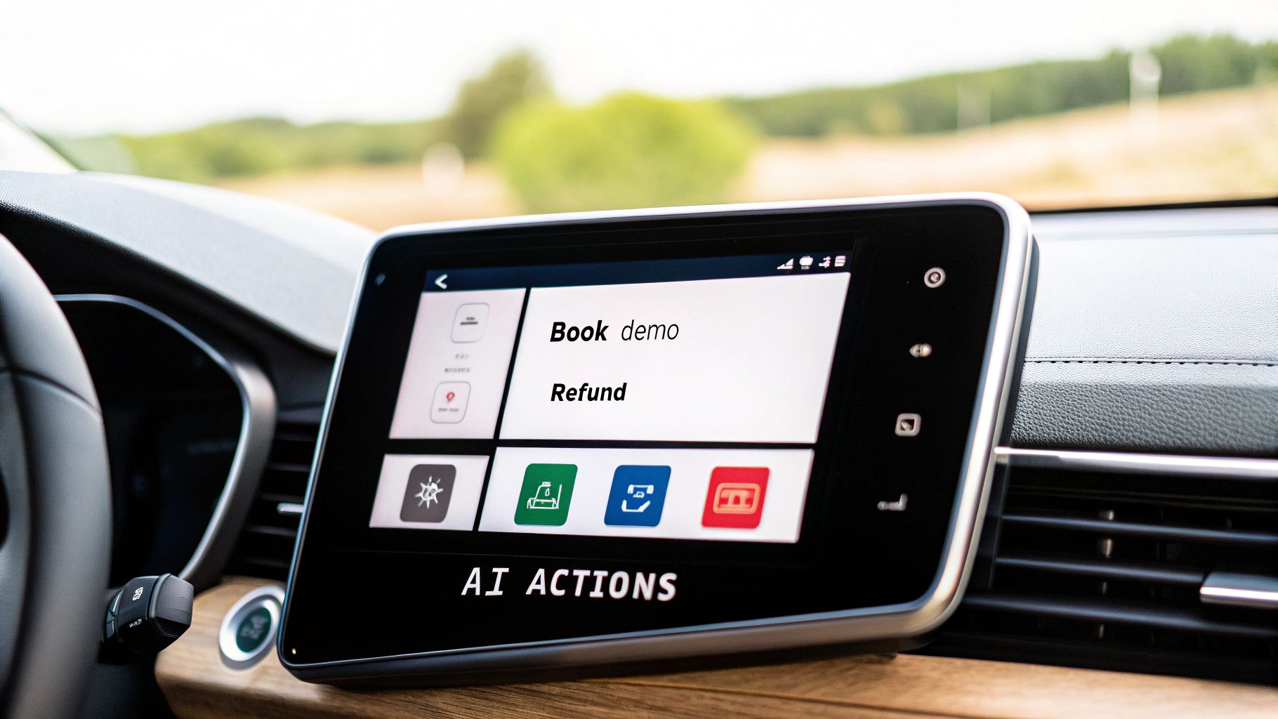 A car dashboard screen displays AI actions like 'Book demo' and 'Refund' in a modern vehicle.