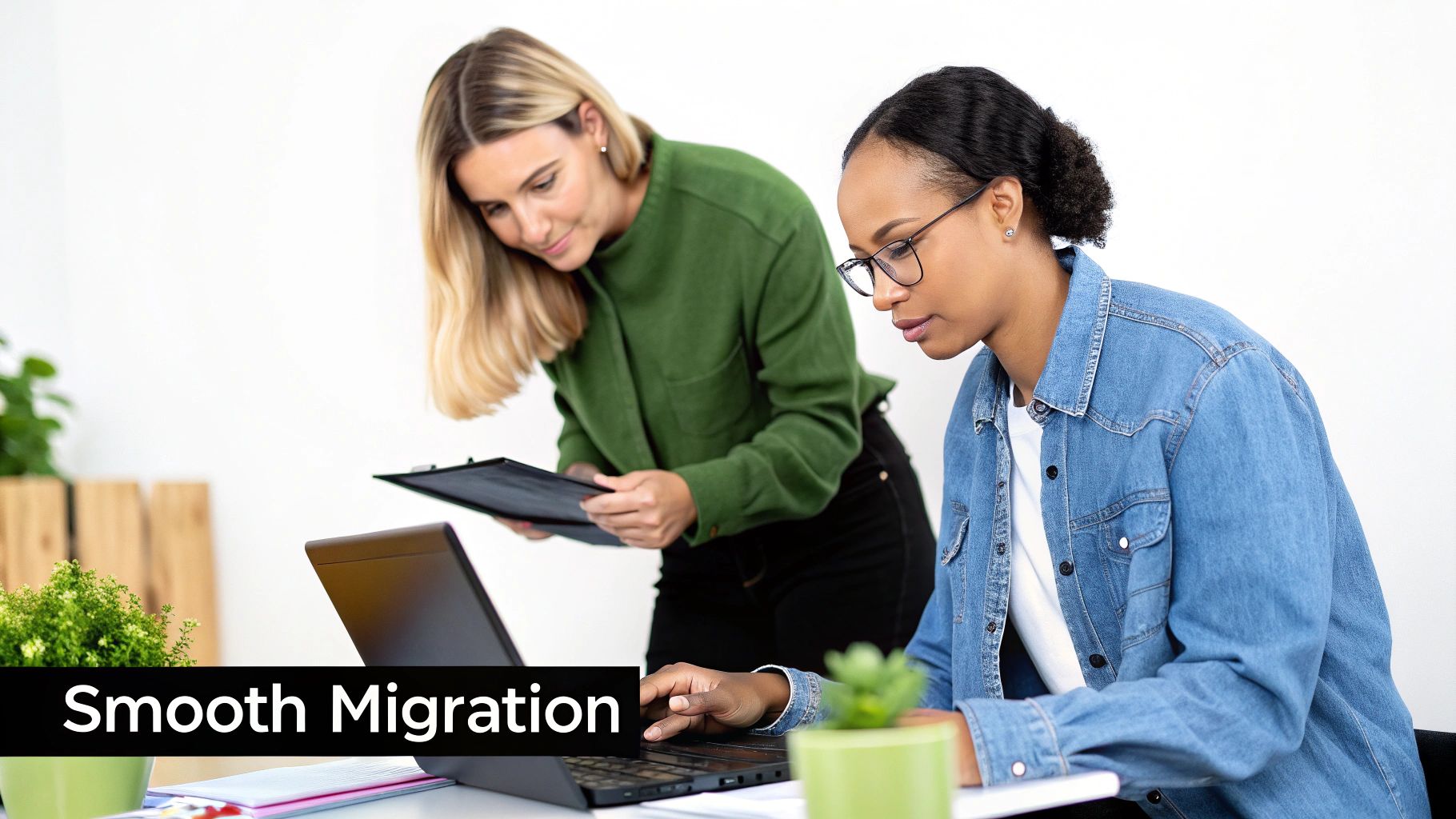 Two diverse women collaborate in a modern office, one typing on a laptop, the other holding a clipboard.