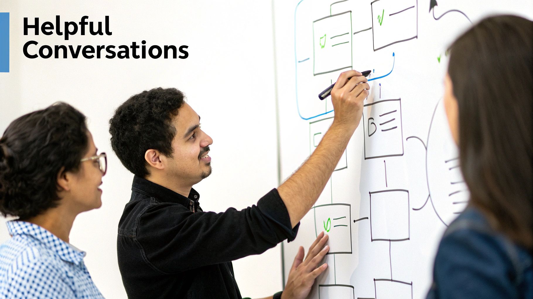 Three colleagues collaborate on a whiteboard, diagramming a process, engaged in a helpful conversation.